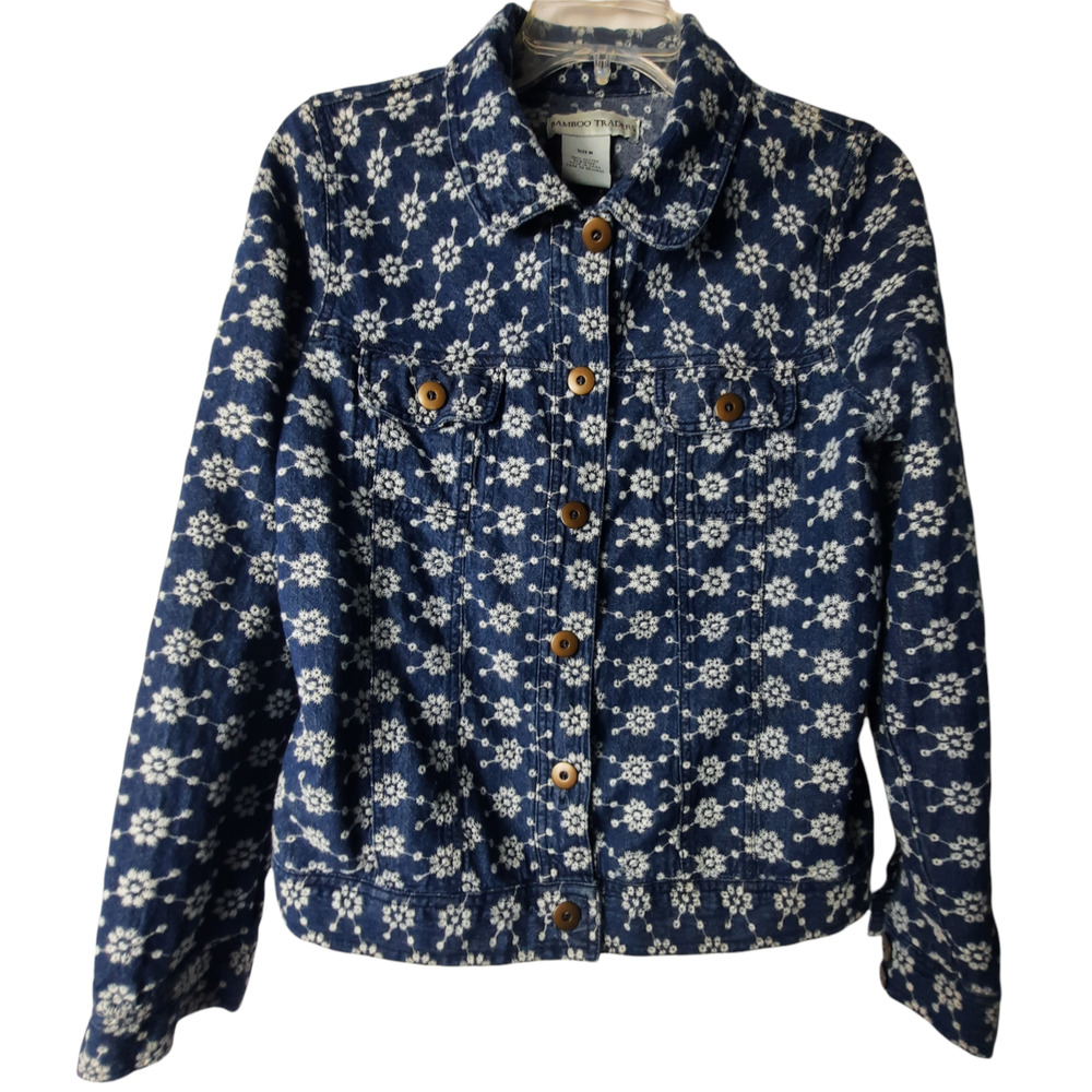 Bamboo Traders Embroidered white flowers on a denim jacket